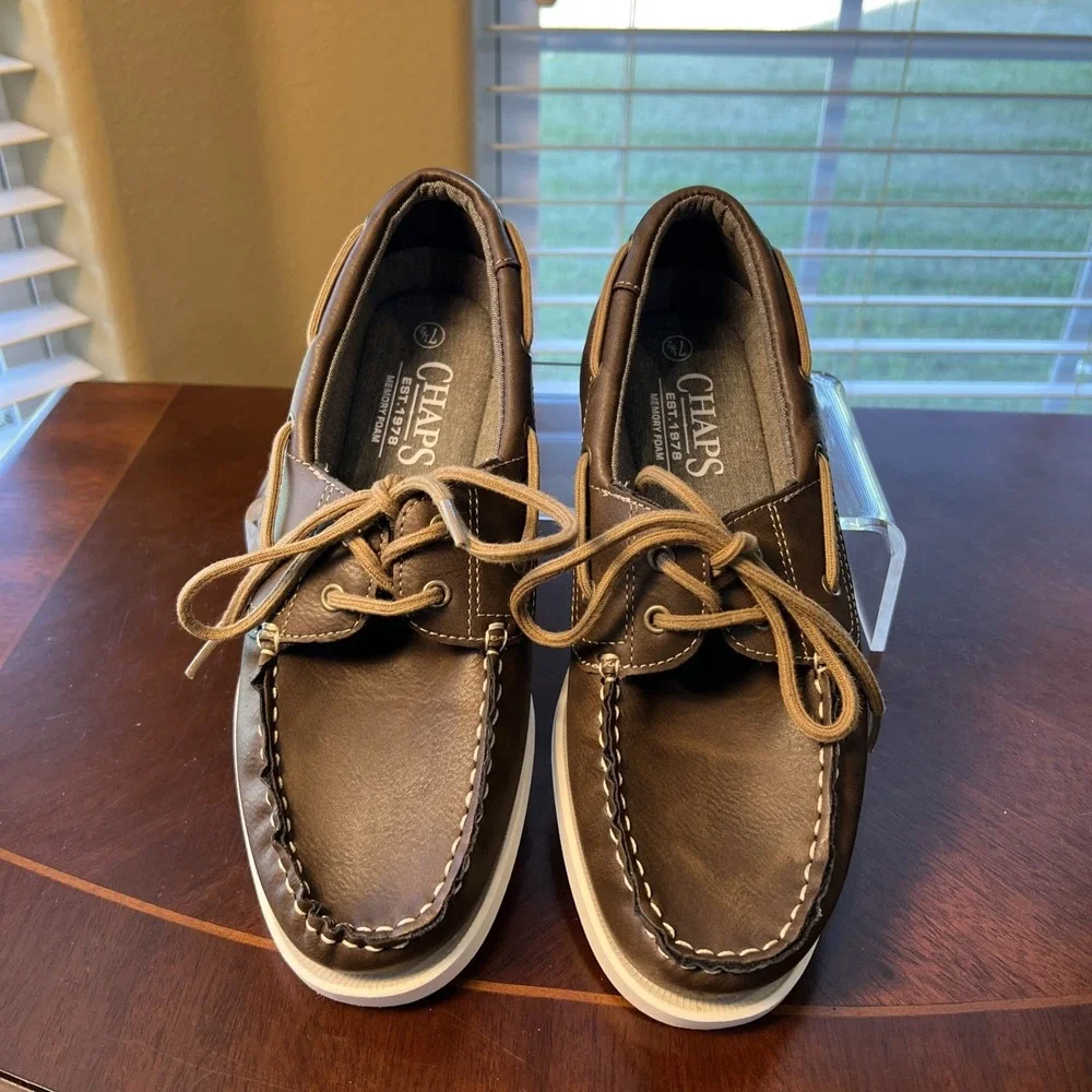 Chaps Benny Boat Shoes Mens Sz 7.5 Brown Cognac Slip On Memory Foam Nautical